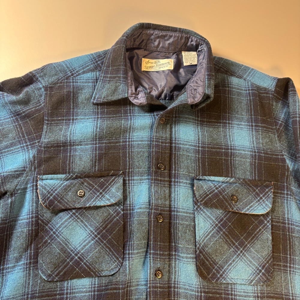 Vintage Sears Roebuck Plaid Lined Wool Blend Shirt Jacket Blue Black Size Med